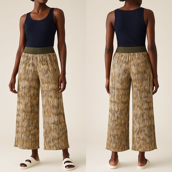 Boho Olive Crinkle Wide Leg Pants Rayon Batik Textured High Waist Pull-On XL - Picture 1 of 8
